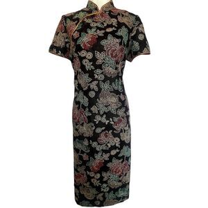 Vintage 80’s Black Velvet Burnout Embroidered Chinese Cheongasm Size 15